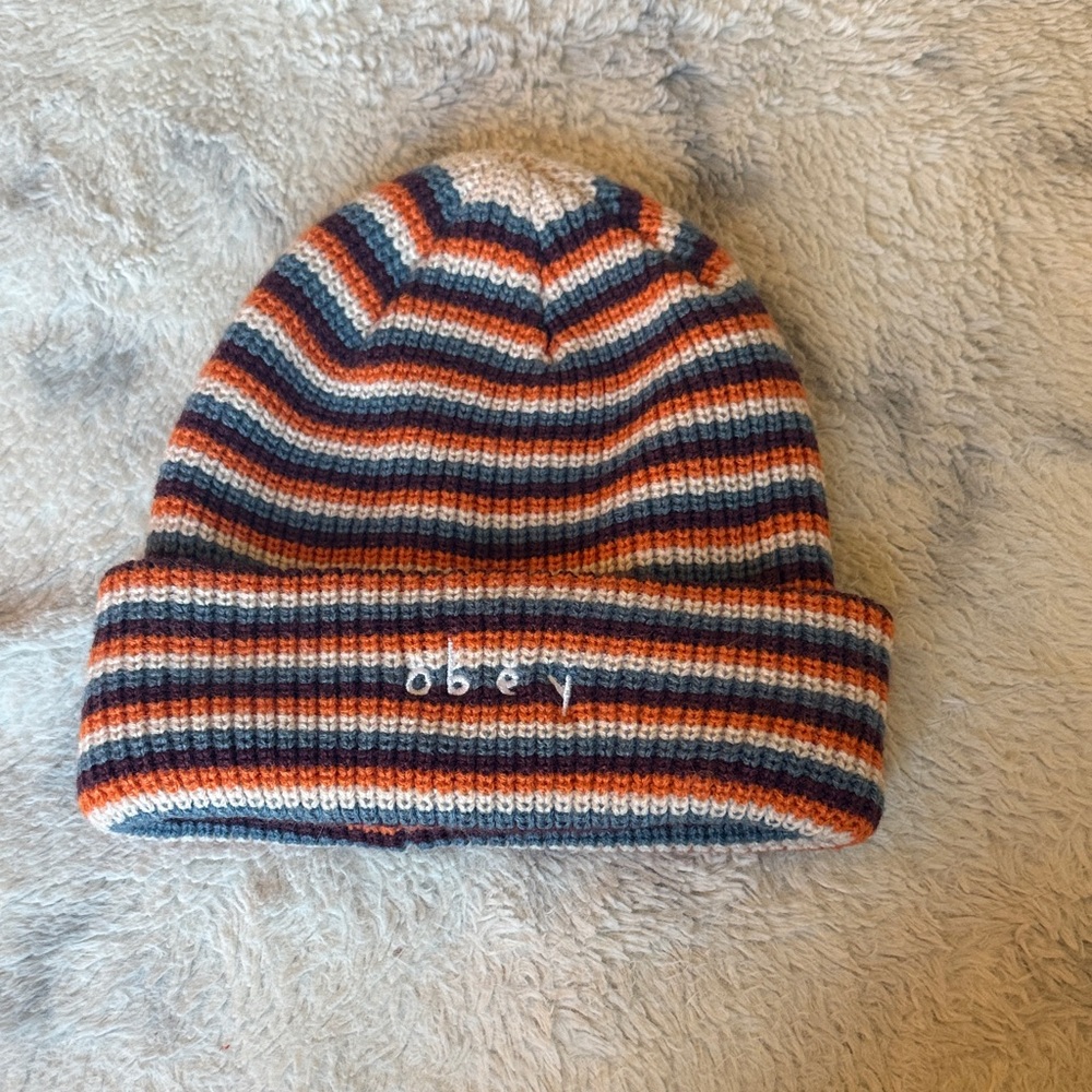 Obey  Striped Beanie - Orange, Blue, White